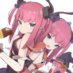  3girls armor bikini bikini_armor blue_eyes boots breasts cape choker earrings elizabeth_bathory_(brave)_(fate) elizabeth_bathory_(fate)_(all) elizabeth_bathory_(halloween_caster)_(fate) fang fate/extra fate/grand_order fate_(series) hairband hat highres horns jewelry knee_boots long_hair multiple_girls multiple_persona open_mouth pauldrons pointy_ears purple_hair red_bikini small_breasts smile swimsuit two_side_up witch_hat yomogi_uehara 