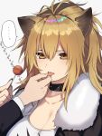  1girl animal_ears arknights bangs black_collar black_jacket breasts brown_eyes brown_hair candy cleavage collar collarbone food fur-trimmed_collar fur-trimmed_jacket fur_trim hair_between_eyes highres holding holding_food holding_lollipop jacket large_breasts lion_ears lollipop long_hair mashiro_(rikuya) open_clothes open_jacket siege_(arknights) studded_collar tank_top tongue tongue_grab tongue_out white_tank_top 