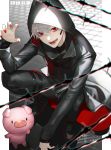  1boy barbed_wire black_coat black_eyes blush claw_pose coat dated fangs fence hair_between_eyes highres hood hood_up kuzuha_(nijisanji) loalo male_focus open_mouth original pig red_eyes red_nails silver_hair sleeves_past_wrists smile solo teeth 