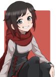  1girl black_hair cape commentary_request dress gazacy_(dai) highres looking_at_viewer multicolored_hair pantyhose red_hair ruby_rose rwby short_hair silver_eyes smile solo 