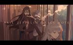  2boys 2girls ahoge birdcage black_gloves black_scarf braid brown_hair cage caules_forvedge_yggdmillennia cigarette copyright_name fate_(series) formal glasses gloves gray_(lord_el-melloi_ii) grey_hair holding_cage hood hood_up letterboxed long_hair lord_el-melloi_ii lord_el-melloi_ii_case_files multiple_boys multiple_girls necktie oka_(a.m.) olga_marie_animusphere reflection scarf smoking stole suit train_interior waver_velvet 