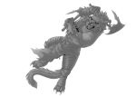  2015 4_ears action_pose anthro armor axe charr claws clothed clothing dagos digital_media_(artwork) fangs felid female fighting_pose flat_chested fluffy fluffy_tail fur guild_wars hi_res horn jackrow mammal mane melee_weapon monochrome multi_ear open_mouth plate_armor pose simple_background toe_claws video_games weapon white_background 