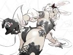  1girl animal_ears ass ass_focus black_bow black_gloves bow bracelet bug bunny_ears butterfly butterfly_hair_ornament chakram dark_skin final_fantasy final_fantasy_xiv gloves hair_ornament highres holding holding_weapon insect jewelry kyo_(kuroichigo) parted_lips red_eyes ring viera weapon white_hair 