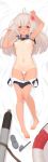  1girl ahoge armpits arms_up ass_visible_through_thighs bare_legs bare_shoulders barefoot bed_sheet blue_eyes blush body_pillow breasts censored commentary_request covered_navel crop_top dakimakura eyebrows_visible_through_hair flower from_above full_body groin hair_flower hair_ornament heart heart_censor highres kagerou_(shadowmage) kantai_collection lifebuoy long_hair looking_at_viewer lying navel no_shoes nontraditional_school_swimsuit on_back one-piece_swimsuit one-piece_tan open_mouth pussy_peek ro-500_(kantai_collection) sailor_collar school_swimsuit school_uniform serafuku slippers small_breasts solo swimsuit swimsuit_pull swimsuit_under_clothes tan tanline torpedo undressing white_hair 
