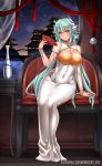  1girl arm_support breasts chair china_dress chinese_clothes cleavage dress evening fan fate/grand_order fate_(series) full_body green_hair happy_new_year highres hobble_dress holding holding_fan horn horns kiyohime_(fate/grand_order) large_breasts legs long_dress long_hair long_sleeves looking_at_viewer midnight_(banyex) new_year no_panties open_mouth sitting solo table thighhighs thighs very_long_hair white_dress yellow_eyes 