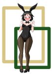  1girl absurdres animal_ears bare_shoulders black_hair black_legwear black_neckwear blue_eyes blush brave_witches breasts bunny_ears bunny_girl bunnysuit cameltoe choker cleavage covered_navel embarrassed fake_animal_ears fishnet_legwear fishnets from_below full_body high_heels highres kanno_naoe leotard open_mouth shiny shiny_hair short_hair simple_background small_breasts solo standing sweat t-8000 teeth tongue upper_teeth world_witches_series 