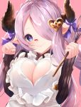  1girl absurdres blue_eyes blush braid breasts cleavage cleavage_cutout commentary_request draph dress granblue_fantasy hair_ornament hair_over_one_eye heart_cutout highres horns large_breasts lavender_hair long_hair looking_at_viewer maid_dress narmaya_(granblue_fantasy) pointy_ears smile solo suisen-21 