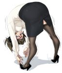  1girl bent_over black_footwear black_scrunchie blue_eyes blush brown_hair dated glasses high_heels kyo_(kuroichigo) long_hair office_lady open_mouth original ponytail red-framed_eyewear scrunchie signature simple_background solo teeth trembling upper_body white_background 