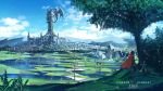  1girl anonamos blue_sky boots cape city cloud cross crossed_arms dragon highres knee_boots ruby_rose rwby scenery sky solo torn_clothes tree water 