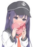  1girl akatsuki_(kantai_collection) anchor_symbol blush box eyebrows_visible_through_hair flat_cap gift gift_box hair_between_eyes hat heart highres kantai_collection long_hair long_sleeves neckerchief purple_eyes purple_hair school_uniform serafuku solo suasuri valentine 