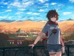  1girl alternate_costume anonamos backpack bag brown_hair casual city copyright_name denim denim_shorts desert hand_on_railing highres looking_at_viewer railing river ruby_rose rwby sand sandals scarf shirt shorts silver_eyes smile solo t-shirt 