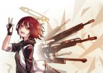  1girl arknights black_gloves energy_wings exusiai_(arknights) eyebrows_visible_through_hair fingerless_gloves gloves glowing glowing_wings gun halo jacket kazana_(sakuto) looking_at_viewer open_mouth red_eyes red_hair short_hair smile solo submachine_gun v weapon white_jacket wings 