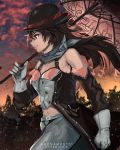  1girl anonamos bare_shoulders bowler_hat brown_eyes brown_hair clenched_hand cloud detached_sleeves from_side gloves hair_between_eyes hat hat_removed headwear_removed highres midriff multicolored_hair navel neo_politan pants parasol pink_hair rwby smirk solo sunset tree umbrella white_gloves 