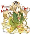  1girl 2018 animal animal_ears bell brown_hair chinese_zodiac closed_mouth dog dog_ears dog_tail fingernails floral_print hair_bell hair_ornament happy_new_year highres holding holding_animal holding_dog japanese_clothes kimono kyo_(kuroichigo) long_hair new_year open_mouth original pink_nails short_eyebrows simple_background surprised sweat tail teeth tongue tongue_out upper_teeth white_background year_of_the_dog yellow_eyes 