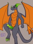  3:4 absurd_res anthro balls claws digital_media_(artwork) dragon genitals green_claws green_horn green_penis grey_body grey_skin heaven&#039;s_womb hi_res horn looking_at_viewer male nude orange_body orange_eyes orange_scales orange_wings penis scales simple_background solo wings 