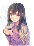  1girl bangs black_hair blue_eyes blush cup daito holding holding_cup hot_drink long_hair mug shimada_mayu sketch solo steam upper_body wake_up_girls! white_background 