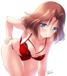  1girl armpit_peek artist_name ass_visible_through_thighs azumi_(girls_und_panzer) bent_over blue_eyes blush bra breasts brown_hair cameltoe cleavage collarbone covered_nipples dated eyebrows_visible_through_hair feet_out_of_frame girls_und_panzer highres kuzuryuu_kennosuke large_breasts lingerie looking_at_viewer panties parted_lips red_bra red_panties shiny shiny_hair shiny_skin short_hair simple_background skindentation smile solo standing underwear underwear_only white_background 
