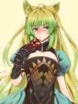  1girl ahoge animal_ears atalanta_(fate) blonde_hair blush chocolate dress fate/apocrypha fate_(series) gauntlets gradient_hair green_eyes green_hair hayama_kazusa highres long_hair multicolored_hair tail valentine yellow_background 