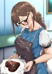  1girl apron bangs black-framed_eyewear blue_dress blush braid breasts brown_eyes brown_hair candy chocolate chocolate_heart closed_mouth consort_yu_(fate) dress ear_piercing earrings fate/grand_order fate_(series) food glasses grey_apron hair_ornament hairclip heart hidebuu highres jewelry large_breasts long_hair multiple_earrings piercing puffy_short_sleeves puffy_sleeves ribbed_dress short_sleeves solo tray very_long_hair white_apron wristband 