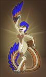  2020 3:5 anthro blue_body blue_feathers brown_body crossgender dinosaur dreamkeepers dromaeosaurid feathered_dinosaur feathers female genitals hi_res karo_(dreamkeepers) navel nipples nude pussy red_eyes remarkably_average reptile scalie solo theropod 