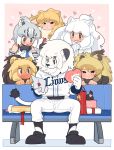  1boy 5girls :3 animal_ears bangs barbary_lion_(kemono_friends) bare_shoulders baseball_uniform behind_another bench big_hair blonde_hair blush brown_hair cape_lion_(kemono_friends) cave_lion_(kemono_friends) closed_mouth clothes_writing crossover detached_sleeves drooling full_body fur_collar fur_scarf furry gift gloves grey_hair hair_between_eyes half-closed_eyes heart heart-shaped_pupils hetero highres holding irritated kazue1000 kemono_friends leo_(seibu_lions) letter light_brown_hair lion_(kemono_friends) lion_ears lion_tail long_hair looking_at_another looking_down love_letter mascot medium_hair multicolored_hair multiple_girls necktie nippon_professional_baseball nose_blush open_mouth own_hands_together parted_bangs saitama_seibu_lions scarf scratching_head shirt shoes sitting smile snout sportswear symbol-shaped_pupils tail two-tone_hair valentine white_hair white_lion_(kemono_friends) wide-eyed 