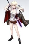  1girl alternate_costume artoria_pendragon_(all) boots breasts cleavage contrapposto cutoffs dark_excalibur earrings fate/grand_order fate/stay_night fate_(series) fur-trimmed_jacket fur_trim hair_between_eyes hand_on_hip highres jacket jacket_on_shoulders jewelry long_hair looking_at_viewer medium_breasts saber_alter shiguru short_shorts shorts solo studded_choker towel weapon weapon_on_back white_background white_towel yellow_eyes 