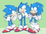  8xenon8_(artist) anthro blue_body blue_fur clothing eulipotyphlan footwear fur gloves green_background green_eyes group hands_on_hips handwear hedgehog male mammal shoes simple_background smile sonic_boom sonic_the_hedgehog sonic_the_hedgehog_(series) square_crossover standing 