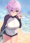  1girl bangs beach blush breasts covered_navel fate/grand_order fate_(series) grin hair_over_one_eye half_updo hand_up highres jjeono large_breasts lavender_hair long_sleeves looking_at_viewer mash_kyrielight purple_eyes raglan_sleeves short_hair smile solo surfboard thighs v wetsuit 