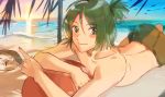  1boy absurdres alternate_hairstyle beach bird fate/grand_order fate_(series) green_hair highres lying male_swimwear on_stomach pointing short_ponytail smile solo summer swim_trunks swimwear waver_velvet yurian_(user_utch8788) 