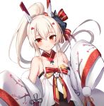 1girl ayanami_(azur_lane) ayanami_(pulse_of_the_new_year)_(azur_lane) azur_lane bare_shoulders blonde_hair blush breasts cleavage closed_mouth detached_collar eyebrows_visible_through_hair fox_mask hair_between_eyes headgear highres japanese_clothes kiyosato0928 long_hair looking_at_viewer mask mask_on_head medium_breasts ponytail red_eyes simple_background sleeves_past_fingers sleeves_past_wrists smile solo white_background wide_sleeves 