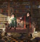  2boys absurdres adjusting_hair black_gloves black_hair bookshelf couch crossed_legs dual_persona fate/zero fate_(series) globe gloves green_eyes green_shirt highres long_hair lord_el-melloi_ii lord_el-melloi_ii_case_files multiple_boys necktie older shirt sitting sweater waver_velvet younger yurian_(user_utch8788) 