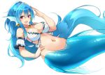  1girl :d bangs blue_hair breasts detached_sleeves earrings fang hair_between_eyes hand_on_hip hand_up head_fins highres jewelry large_breasts long_hair looking_at_viewer lying matsunoki_(unknown_751) mermaid monster_girl navel navel_piercing necklace on_back open_mouth original piercing red_eyes simple_background smile solo tiara very_long_hair white_background 