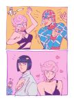  1girl 2boys blue_eyes blush bruno_buccellati guido_mista heart highres jojo_no_kimyou_na_bouken multiple_boys oniyama831 pink_hair pout short_hair trish_una vento_aureo 