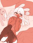  1girl abottleofstars animal_ears bed blanket ear_piercing english_text eyebrows_visible_through_hair heart heart-shaped_pupils highres hood hoodie original piercing pillow shorts sleeves_past_wrists stuffed_animal stuffed_toy symbol-shaped_pupils tail teddy_bear thighhighs white_hair 