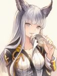  1girl animal_ears black_jacket feathers frontier_town granblue_fantasy grey_eyes highres jacket korwa long_hair shirt simple_background strap white_background white_hair white_shirt 