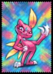 black_border border brown_eyes claws commentary creature english_commentary eyelashes fang firequill full_body gen_2_pokemon hand_on_hip looking_at_viewer multicolored multicolored_background multiple_sources no_humans pink_theme pokemon pokemon_(creature) sneasel solo standing 