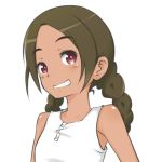  1girl abenobashi_mahou_shoutengai asahina_arumi blush braid brown_eyes brown_hair commentary_request dress long_hair looking_at_viewer riruhasu_(sesu_n) simple_background smile solo tan twin_braids white_background 