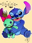  2020 3:4 4_fingers 4_toes accessory alien bloddmoonxx blue_body blue_claws blue_eyes blue_fur blue_pawpads button_eyes claws digital_drawing_(artwork) digital_media_(artwork) disney experiment_(lilo_and_stitch) fingers flower fur hair_accessory hair_bow hair_ribbon hawaiian_text head_tuft inanimate_object lilo_and_stitch notched_ear open_mouth open_smile outline pawpads plant rag_doll_(toy) ribbons scrump signature simple_background smile star stitch_(lilo_and_stitch) text toes tuft yellow_background 