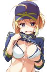  1girl ahoge artoria_pendragon_(all) bangs baseball_cap between_breasts bikini blonde_hair blue_eyes blue_headwear blush breasts cleavage commentary_request cum cum_on_body cum_on_breasts cum_on_clothes cum_on_upper_body fate/grand_order fate_(series) hair_between_eyes hair_through_headwear hat highres large_breasts long_hair looking_at_viewer mysterious_heroine_xx_(foreigner) open_mouth ponytail shikei shrug_(clothing) side-tie_bikini simple_background solo swimsuit tears valentine white_background white_bikini 