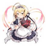  1girl ahoge alternate_costume apron artist_name azur_lane bangs black_ribbon blonde_hair blush candy character_name chocolate chocolate_heart closed_mouth commentary_request enmaided food frilled_apron frills green_eyes hair_ornament hair_ribbon heart looking_at_viewer maid maid_apron maid_headdress musical_note_hair_ornament petticoat puffy_short_sleeves puffy_sleeves red_ribbon ribbon short_hair short_sleeves sidelocks signature smile solo southampton_(azur_lane) upper_body valentine vilor wrist_cuffs x_hair_ornament 