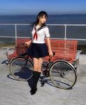  1girl 3d basket bicycle bicycle_basket black_hair ground_vehicle jugular lips long_hair ocean original school_uniform serafuku short_hair skirt socks 