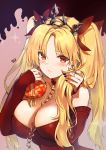  1girl alraco bangs bare_shoulders blonde_hair blush box breasts cleavage closed_mouth collarbone ereshkigal_(fate/grand_order) fate/grand_order fate_(series) gift gift_box heart-shaped_box highres holding holding_gift large_breasts long_hair long_sleeves looking_at_viewer off-shoulder_sweater off_shoulder parted_bangs red_eyes red_sweater solo sweater tiara two_side_up valentine 