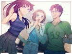  1boy 2girls black-framed_eyewear black_shirt blue_eyes blue_shirt blurry blurry_background breasts brown_hair brown_skirt clenched_hand clenched_teeth collarbone cowboy_shot dutch_angle floating_hair glasses green_shirt groin hairband kyougoku_makoto long_hair medium_breasts meitantei_conan midriff miniskirt monicanc mouri_ran multiple_girls navel pants pleated_skirt ponytail purple_eyes shirt short_hair short_sleeves skirt sleeveless sleeveless_shirt stomach striped striped_shirt suzuki_sonoko teeth very_long_hair white_pants yellow_hairband 