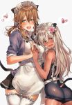  2girls alternate_costume amakaze animal_ears apron aqua_eyes ass blonde_hair blue_eyes blush breasts cat_ears cat_tail flower frills hair_flower hair_ornament highres kantai_collection large_breasts long_hair looking_at_viewer low_twintails maid maid_apron maid_headdress multiple_girls open_mouth pleated_skirt prinz_eugen_(kantai_collection) ribbon ro-500_(kantai_collection) sailor_collar school_swimsuit simple_background skirt smile swimsuit tail tan thighhighs twintails white_background white_legwear 