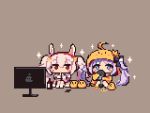  2girls ahoge animal_ears azur_lane blue_eyes bottle bunny_ears chibi controller hair_between_eyes hair_ornament hairband ino_futon jacket jupiter_(azur_lane) laffey_(azur_lane) long_hair long_sleeves manjuu_(azur_lane) multiple_girls object_hug pajamas pixel_art purple_hair red_eyes remote_control sitting star stuffed_torpedo stuffed_toy torpedo toy twintails watching_television white_legwear 