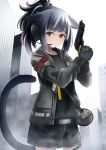  1girl animal_ears arknights bag bangs belt black_belt black_gloves black_hair black_shirt black_shorts blunt_bangs blush building cat_ears cat_tail choker commentary_request cowboy_shot drawstring ear_protection eyebrows_visible_through_hair finger_on_trigger fog furrowed_eyebrows gloves green_eyes grey_jacket gun handgun high_ponytail highres holding holding_gun holding_weapon hood hooded_jacket id_card jacket jessica_(arknights) john_manjirou_(love-love-happy21) light_frown long_sleeves looking_at_viewer multicolored_hair open_clothes open_jacket pistol ponytail red_hair shirt shorts shoulder_bag sidelocks skyscraper solo standing streaked_hair tail tail_raised thigh_strap weapon white_sky 
