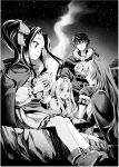  1boy 3girls animal_ears belt_buckle boots bow buckle cape closed_eyes firo_(tate_no_yuusha_no_nariagari) floating_hair food greyscale hair_bow hair_intakes holding holding_food iwatani_naofumi long_hair long_sleeves melty_q_melromarc minami_seira miniskirt monochrome multiple_girls novel_illustration official_art pants raccoon_ears raphtalia sandwiched shiny shiny_hair sitting skirt sky smoke standing star_(sky) starry_sky sweatdrop tate_no_yuusha_no_nariagari triangle_mouth twintails very_long_hair 