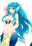  1girl :d bare_arms bare_shoulders bikini blue_eyes blue_hair blush breasts cleavage earrings eyebrows_visible_through_hair fang hair_between_eyes hand_behind_head hand_up head_fins highres jewelry large_breasts looking_at_viewer matsunoki_(unknown_751) mermaid monster_girl navel open_mouth original pelvic_curtain simple_background smile solo swimsuit white_background white_bikini 