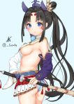  1girl absurdres armor ass black_hair blue_panties breasts detached_sleeves fate/grand_order fate_(series) feathers gouka hair_feathers highres japanese_armor katana kusazuri looking_at_viewer panties sideboob sword underwear ushiwakamaru_(fate/grand_order) weapon 