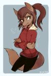  2020 anthro bottomwear breath brown_body brown_eyes brown_fur brown_hair bukoya-star canid canine clothed clothing cold female fox fully_clothed fur hair hi_res jacket mammal pants shaking shivering solo topwear 
